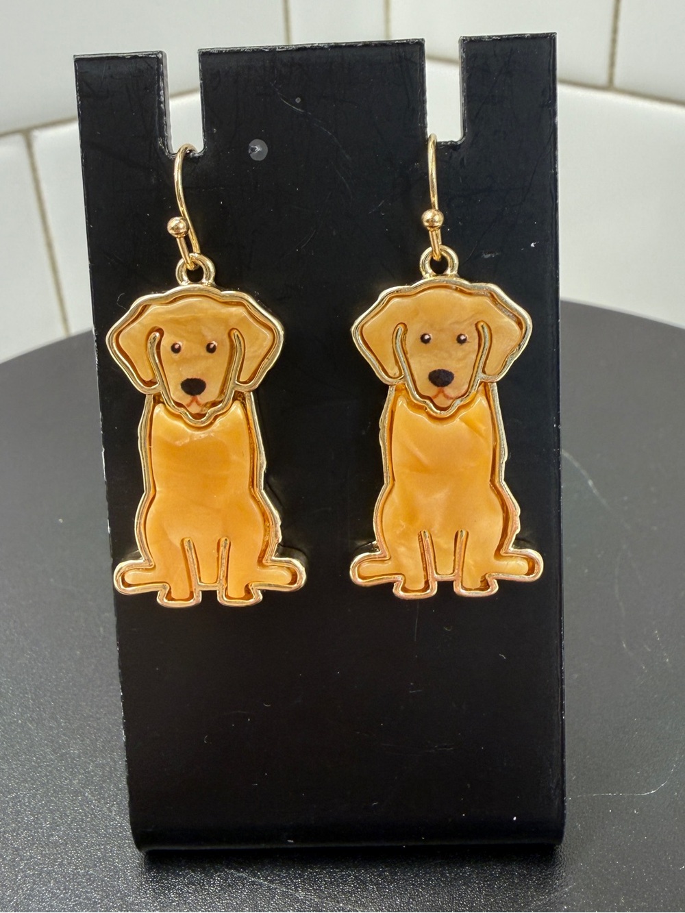 Gold-Tone Yellow Dog Dangle Earrings - Cute Puppy Design